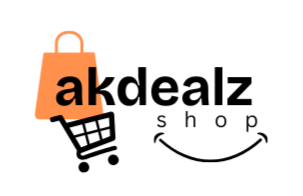 akdealz shop logo with shopping bag and cart icon on a white background